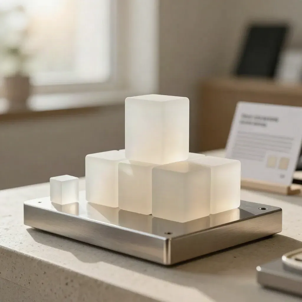 Frosted widget blocks on a clear stand beside a tiny parcel and checkout chip in soft light.