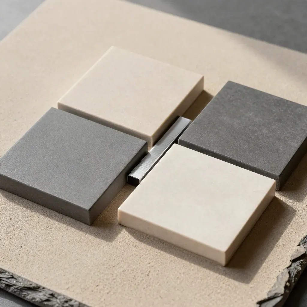 Split matte checkout tiles and a slim chip on pale plaster, lit with soft raking highlights.