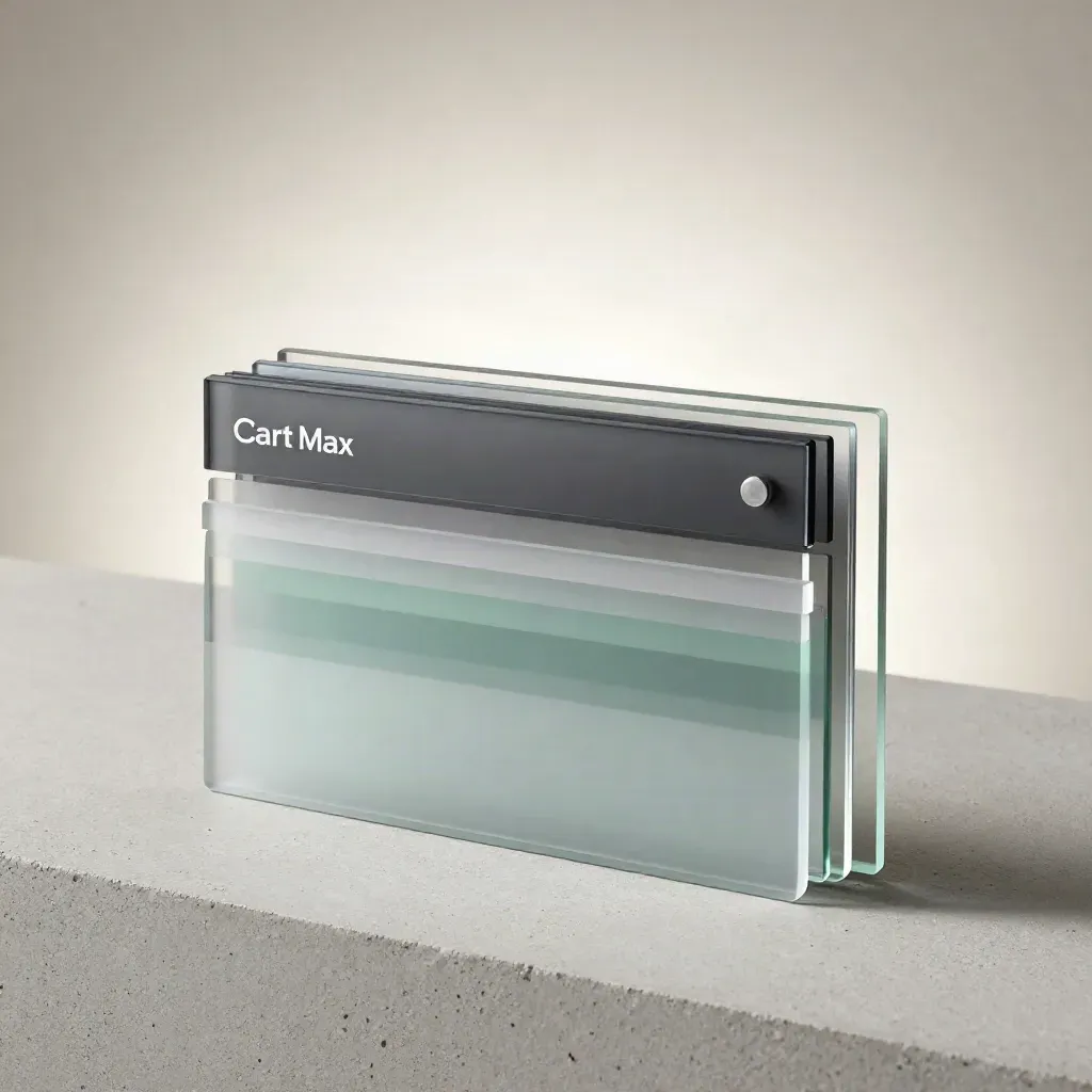 Glassy dashboard modules and a card hover above pale concrete in soft mint light.