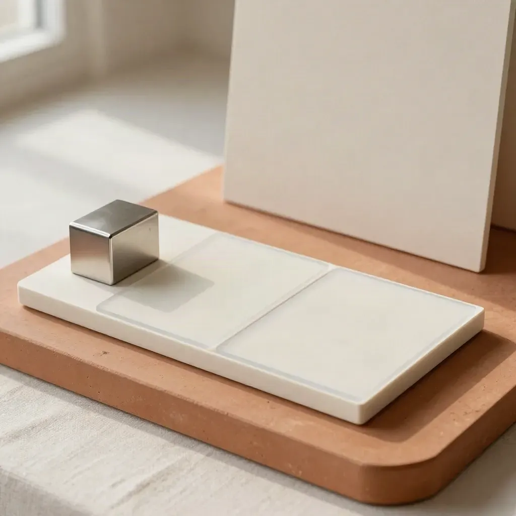 Top-down ecommerce setup kit on terracotta plaster with shipping token and interface tiles.