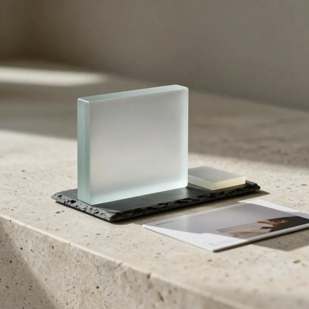 Matte glass plan block with tile and spacer on travertine, softly lit from upper left.