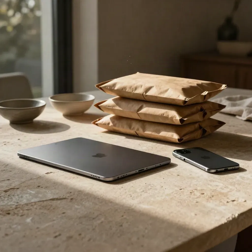 Sunlit stone tabletop with tablet, phone and parcel stack in a warm interior
