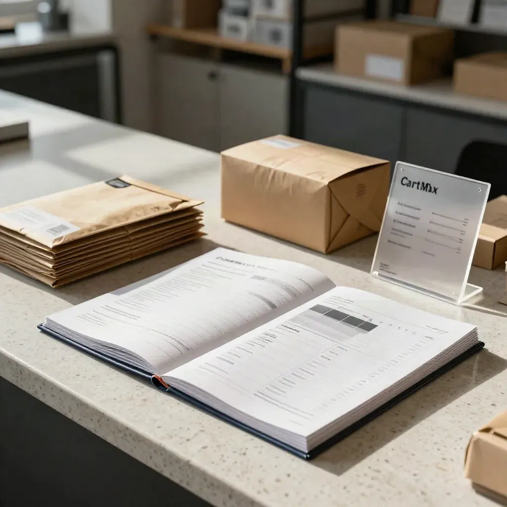 Analytics folio and parcel materials on travertine with soft daylight and blurred warehouse depth