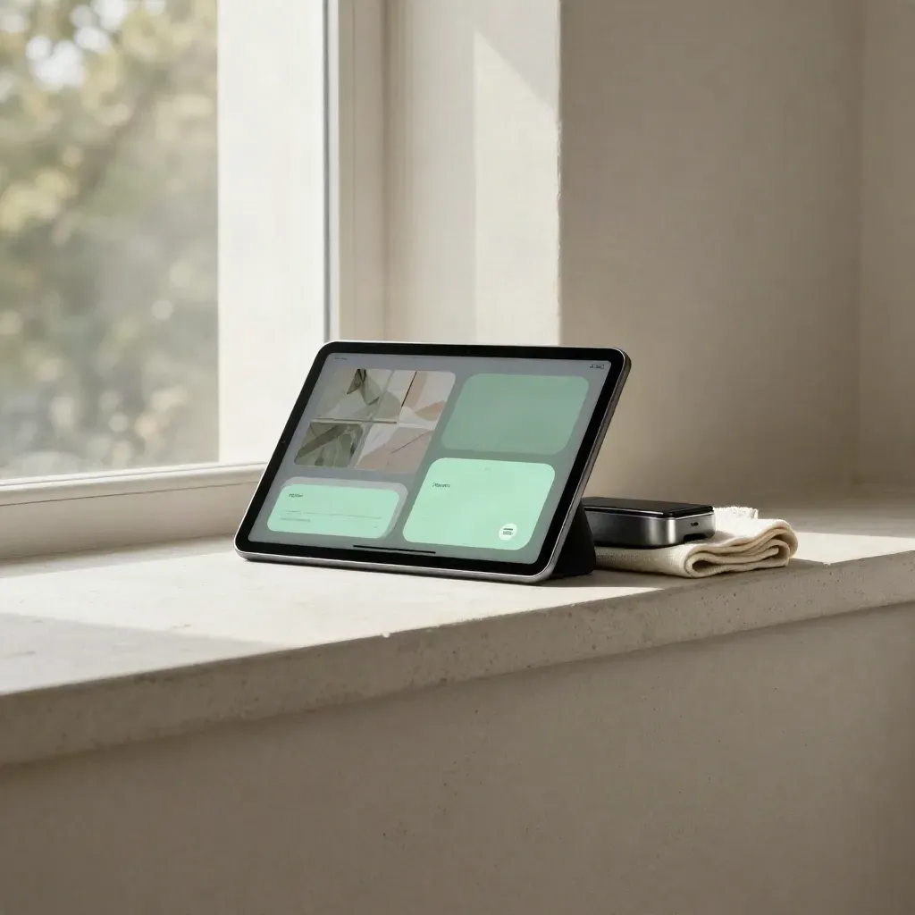 Sunlit plaster corner with a tablet, payment terminal and calm space for headline copy